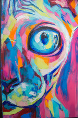 Olejny portret kota w wielokolorowych odcieniach. Koncepcyjne malarstwo abstrakcyjne twarzy kota Sfinksa. 