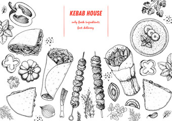 Doner kebab gotowania i składniki na kebab, szkic ilustracji.