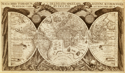Old map of World, printed in 1630. Luxury antique wall map with hemispheres
