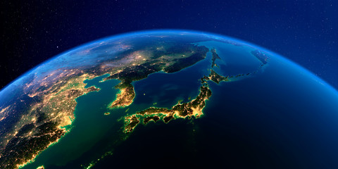 Detailed Earth at night. Part of Asia, Japan and Korea, Japanese sea