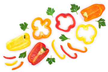 czerwona żółta pomarańczowa słodka papryka na białym tle. Widok z góry. Leżał na płasko