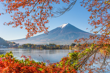 Mt. Fuji, Japonia nad jeziorem Kawaguchi z liści jesienią