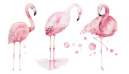 Ręcznie rysowane akwarela tropikalne ptaki zestaw flamingo. Egzotyczne ilustracje ptaków róży, drzewo dżungli, brazylijska sztuka modna. 