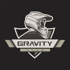 Man with full face motocross helmet. T-shirt print design. Bike school. Bikepark logo. Freeride, downhill mountain biking and motocross design.