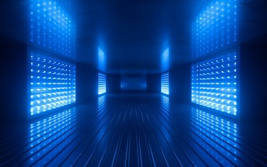3d render, blue neon abstract background, ultraviolet light, night club empty room interior, tunnel or corridor, glowing panels, fashion podium, performance stage decorations,