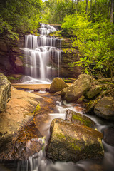 Wspaniały wodospad wiosenny w górach Karoliny Północnej przedstawiający zielone liście.