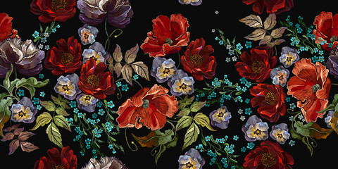 Embroidery. Red poppies and violet flowers, summer bouquet. Floral seamless pattern. Summer botanical fashion illustration. Template for clothes
