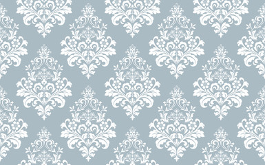 Tapeta w stylu barokowym. Biały i niebieski ornament kwiatowy.