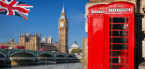 Symbole londyńskie z BIG BEN, DOUBLE DECKER BUSES i Red Phone Booths in England, UK