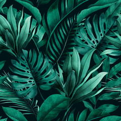 Tropikalny wzór z egzotycznych monstera, bananów i liści palmowych na ciemnym tle.