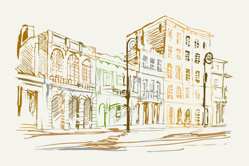 Rysynek ręcznie rysowany. Widok starej uliczki w Hawanie na Kubie