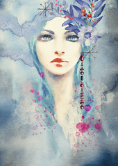 Zimowy. Streszczenie portret dziewczyny. Tło akwarela moda.