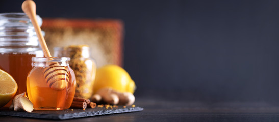 Składniki na zdrowy gorący napój. Cytryna, imbir, mięta, miód, jabłko i przyprawy na ciemnym tle.