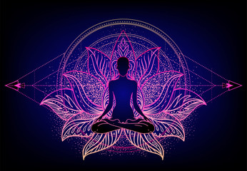 Chakra concept. Inner love, light and peace. Buddha silhouette in lotus position over colorful ornate mandala. Vector illustration isolated. Buddhism esoteric motifs.