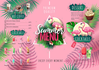 Summer menu design with flamingo and tropic leaves. Restaurant menu