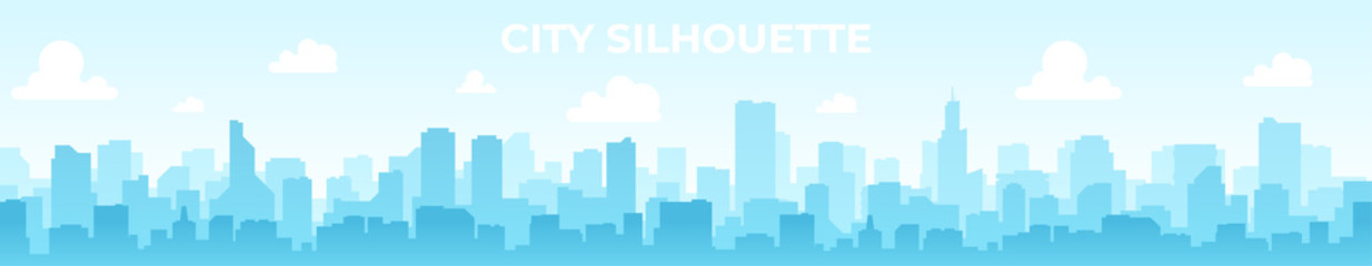 Seamless silhouette of the city. Cityscape with buildings. Simple blue background. Urban landscape. Beautiful template. Modern city with layers. Flat style vector illustration.