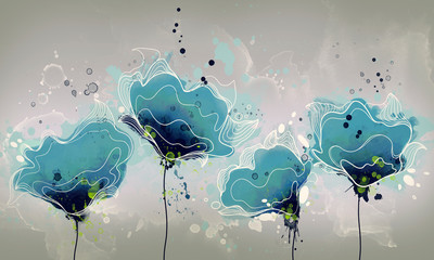 rysunek niebieskie kwiaty akwarela