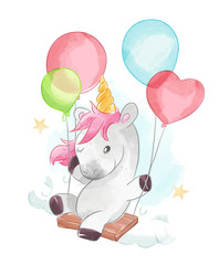 JEDNOROŻEC NA HUŚTAWCE Z BALONAMI