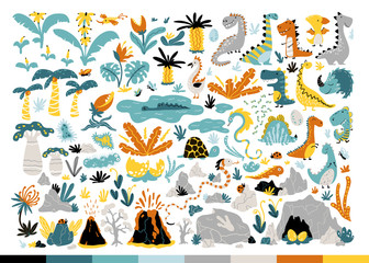Dinosaur Set. Cute Dino and other fantastic elements of nature of the prehistoric period. Vector illustration in simple cartoon hand-drawn style.