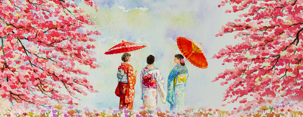Kobiety w kimono, Japonia jesienią.