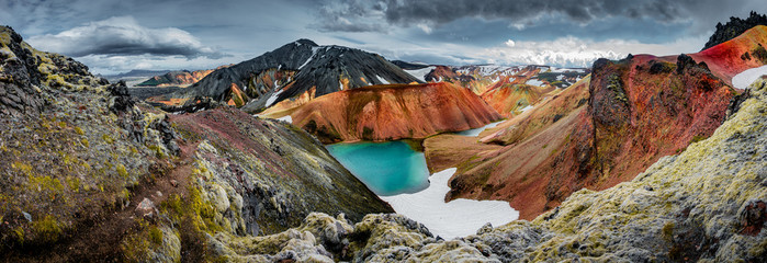 Panoramic view of colorful rhyolite volcanic mountains Landmannalaugar as pure wilderness in Iceland and a hidden highland lake, Iceland