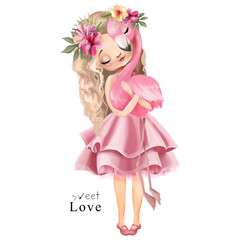 Śliczna dziewczyna w różowej sukience z flamingiem i kwiatami