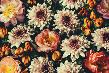 Vintage bouquet of beautiful flowers on black. Floral background. Baroque old fashiones style. Natural pattern wallpaper or greeting card