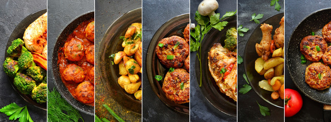 Kolaż potraw w naczyniach. Różnorodne jedzenie, warzywa, kurczak, zbliżenie i widok z góry. Opcje dań.