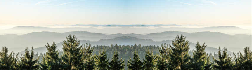 Amazing fog landscape in black forest panorama banner long