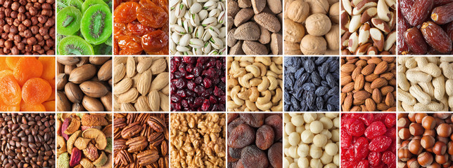 assorted nuts and dried fruit collection. colorful vegan food background