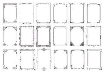 Vintage ornament frame. Decorative border frames, retro style divider. Elegant vintage frame and wedding ornaments Isolated icons vector set. Calligraphic filigree black ink borders collection
