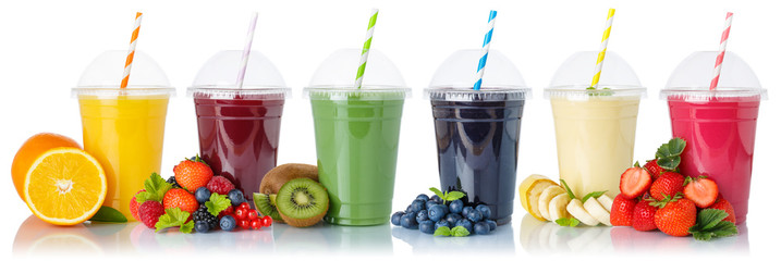Zestaw koktajli owocowych owoce sok pomarańczowy pić słomkę w filiżance na białym tle