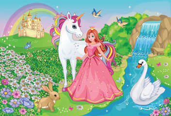 Piękna Księżniczka z białym jednorożcem i łabędziem. Bajkowe tło z kwiatową łąką, zamkiem, tęczą, jeziorem. Kraina czarów. Magiczny krajobraz.