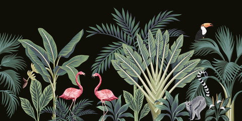 Tropikalne dzikie zwierzęta, ptaki, palmy, drzewo bananowe i roślin kwiatowy bezszwowe granica czarne tło. 