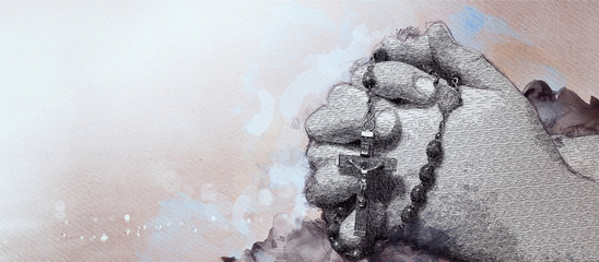 Różaniec. Chrześcijański sztandar. Grawerowanie, rysowanie, akwarela