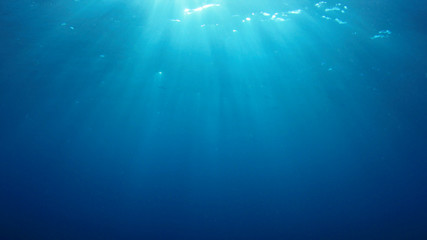 Underwater blue background in ocean with sunbeams