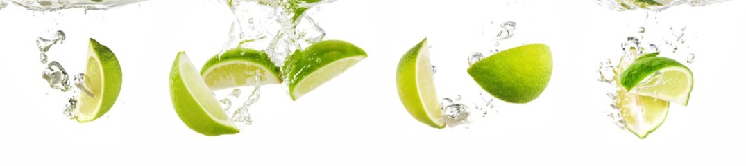 Świeże limonki upuszczone w wodę z pluśnięciem.