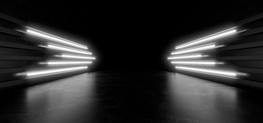 Beautiful composition of white neon lights on a black background. 3d rendering image.