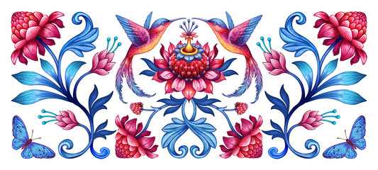 ilustracja cyfrowa, abstrakcyjny wzór kwiatowy z ptakami, czerwony niebieski motyw folklorystyczny na białym tle, tekstura akwareli