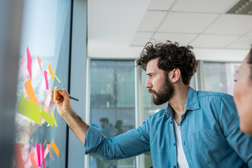 A young creative man brainstorming ideas for the upcoming project. He pasted sticky notes on a window and writes on them.