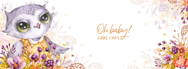 Las kreskówka portret śliczna dziewczynka sowa, kwiaty, liście. Ilustracja transparent zwierząt leśnych
