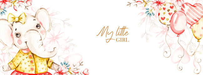 kreskówka tropikalny portret słodkie dziecko dziewczynka słoń z balonami. Ilustracja baner zwierząt 