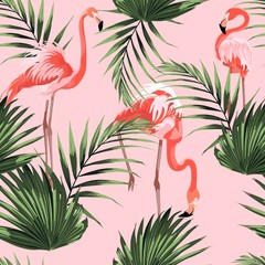 Kolorowy kwiatowy wzór z ilustracji flamingo i egzotycznych liści tropikalnych. 