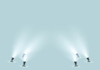 Floor spotlights for studio or stage. Vector realistic glowing floodlights for illumination show, concert or podium. Small spot lamps isolated on green background