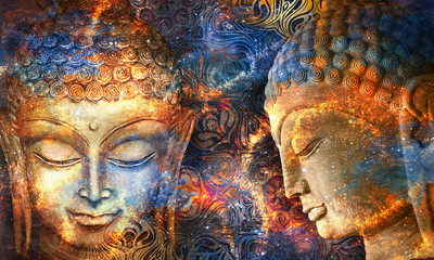 Heads of the Lord Buddha in full face and profile on a multicolor psychedelic background. Collage, digital art. Can be used for printing onto fabric and yoga mat