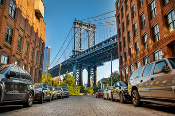 Manhattan Bridge as seen from the DUMBO area of Brooklyn New York USA