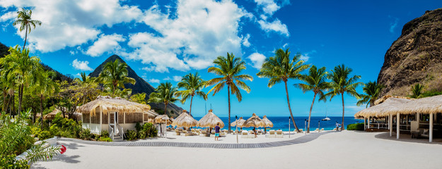 Sugar Beach Saint Lucia, publiczna biała tropikalna plaża z palmami i luksusowymi leżakami na plaży wyspy St Lucia Caribbean