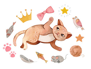 Ręcznie malowana kompozycja akwarelowa z uroczym bawiącym się kotem