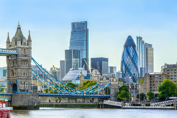 London cityscape with Tower Bridge and skyscrapers
