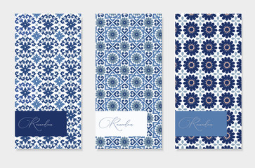 Set of brochure, menu card templates. Ramadan Kareem greeting cards with hand drawn blue Moroccan patterns. Islamic backgrounds, web banners. Portuguese azulejos tiles design. Vector illustrations.